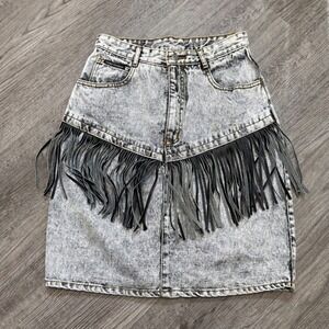 Paris Express Vintage Acid Wash Denim Fringe Mini Skirt Grey Size 11/12 Western